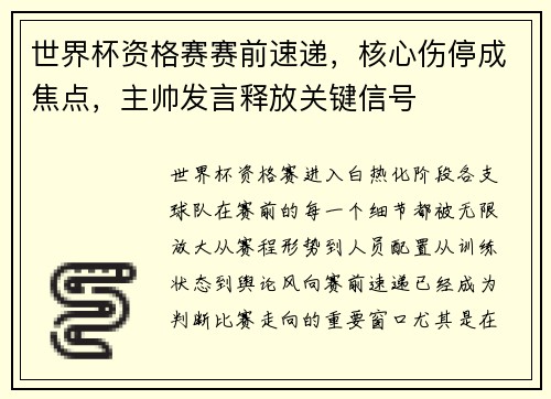 世界杯资格赛赛前速递,核心伤停成焦点,主帅发言释放关键信号 世界杯资格赛赛前速递,核心伤停成焦点,主帅发言释放关键信号
